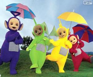 Puzzle Les quatre Teletubbies avec leurs parapluies ouverts