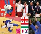 Podium Judo hommes - 66 kg, Lasha Shavdatuasvili (Géorgie), Miklos Ungvari (Hongrie) et Masashi Ebinuma (Japon), Cho Jun-Ho (Corée du Sud) - Londres 2012-