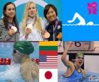 Podium natation 100 mètres brasse femmes, Rūta Meilutytė (Lituanie), Rebecca Soni (États-Unis) et Satomi Suzuki (Japon) - Londres 2012-